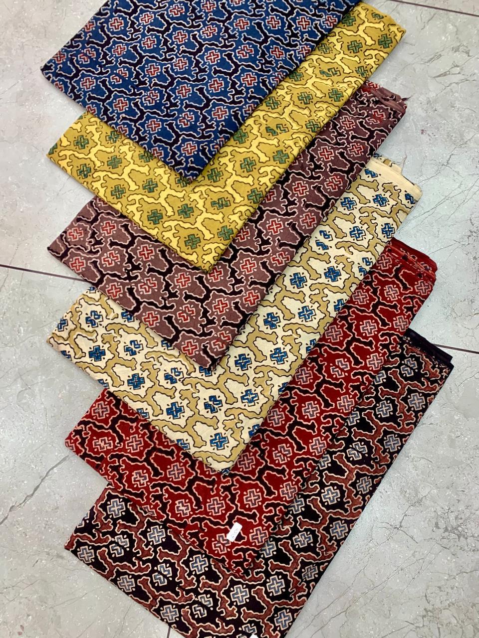 Ajrakh pure cotton handblock printed fabric in mustard base with multicolour butti motifs